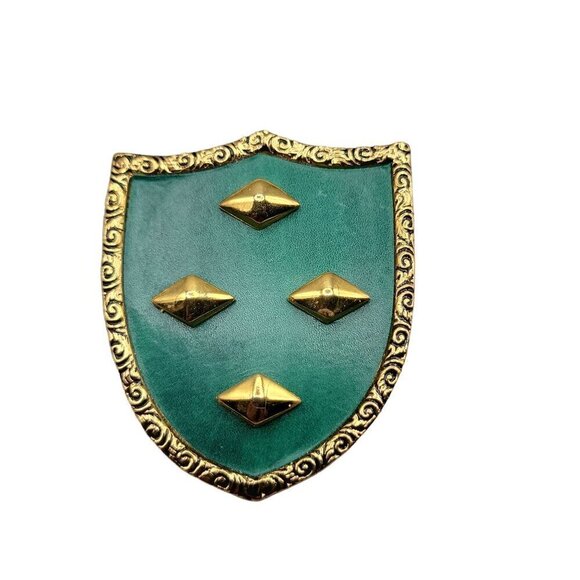 Knights Shield Brooch Pin Gold Tone & Green Vinyl Decorative Trim Vintage - Picture 2 of 8